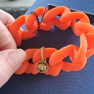 Marc Jacobs Bright Orange Chunky Link Bracelet with Gold Logo Charm